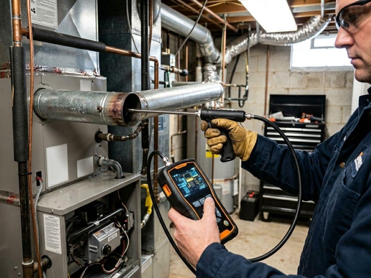 Combustion analyzer reading CO and O2 levels at a Murray furnace flue