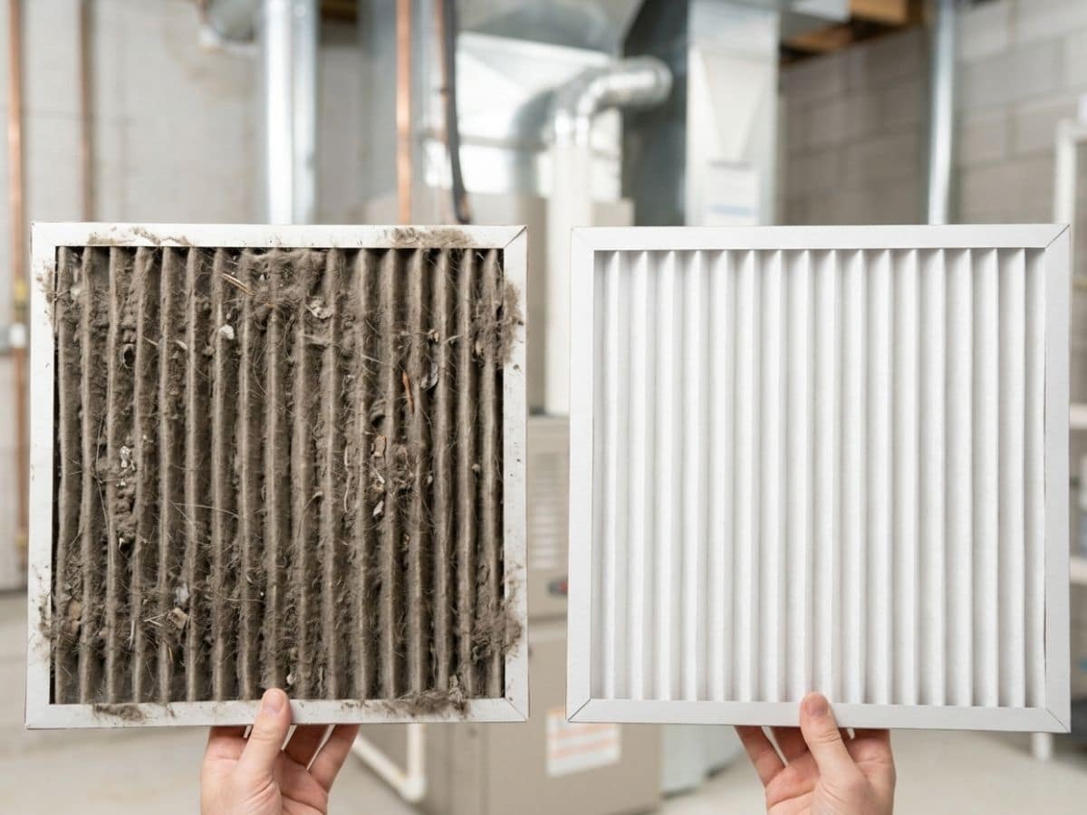 Old vs new HVAC air filter showing one season of Wasatch Front dust loading